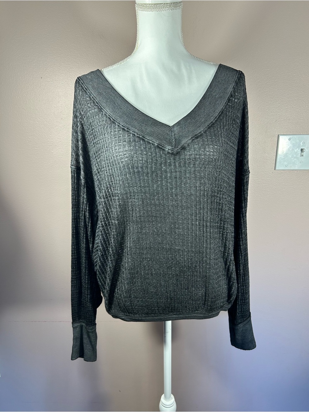 We The Free Charcoal V-Neck Waffle Knit Long Sleeve Top